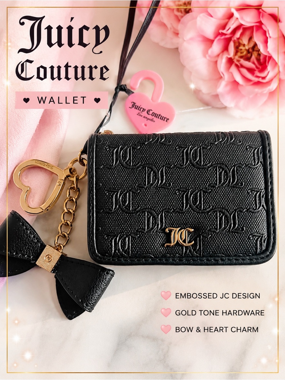 Juicy Couture Black Embossed Wallet with Gold Hardware and Heart Keyring Charm